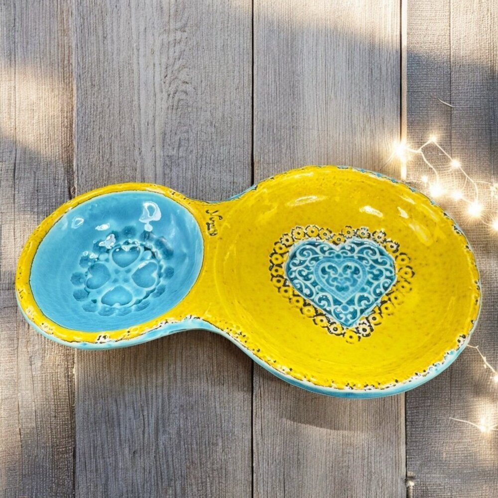 Hand Made Studio Art Pottery Divided Dish Tray Double Sided Artist Signed Hearts